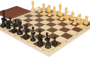 Master Series Classroom Triple Weighted Plastic Chess Set Black & Camel Pieces with Vinyl Rollup Board - Brown