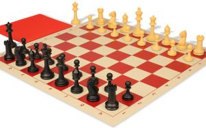 Master Series Classroom Triple Weighted Plastic Chess Set Black & Camel Pieces with Vinyl Rollup Board - Red