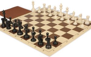 Master Series Classroom Triple Weighted Plastic Chess Set Black & Ivory Pieces with Vinyl Roll-up Board & Bag - Brown