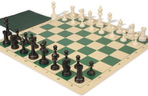 Master Series Classroom Triple Weighted Plastic Chess Set Black & Ivory Pieces with Vinyl Roll-up Board & Bag - Green
