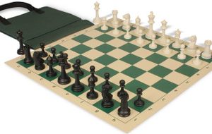Master Series Easy-Carry Plastic Chess Set Black & Ivory Pieces with Vinyl Rollup Board - Green