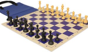 Master Series Easy-Carry Triple Weighted Plastic Chess Set Black & Camel Pieces with Vinyl Rollup Board - Blue