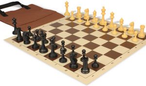 Master Series Easy-Carry Triple Weighted Plastic Chess Set Black & Camel Pieces with Vinyl Rollup Board - Brown