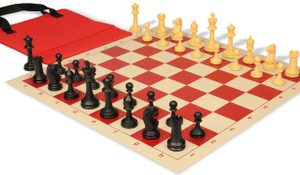 Master Series Easy-Carry Triple Weighted Plastic Chess Set Black & Camel Pieces with Vinyl Rollup Board - Red