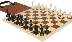 Master Series Easy-Carry Triple Weighted Plastic Chess Set Black & Ivory Pieces with Vinyl Rollup Board - Brown