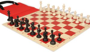 Master Series Easy-Carry Triple Weighted Plastic Chess Set Black & Ivory Pieces with Vinyl Rollup Board - Red