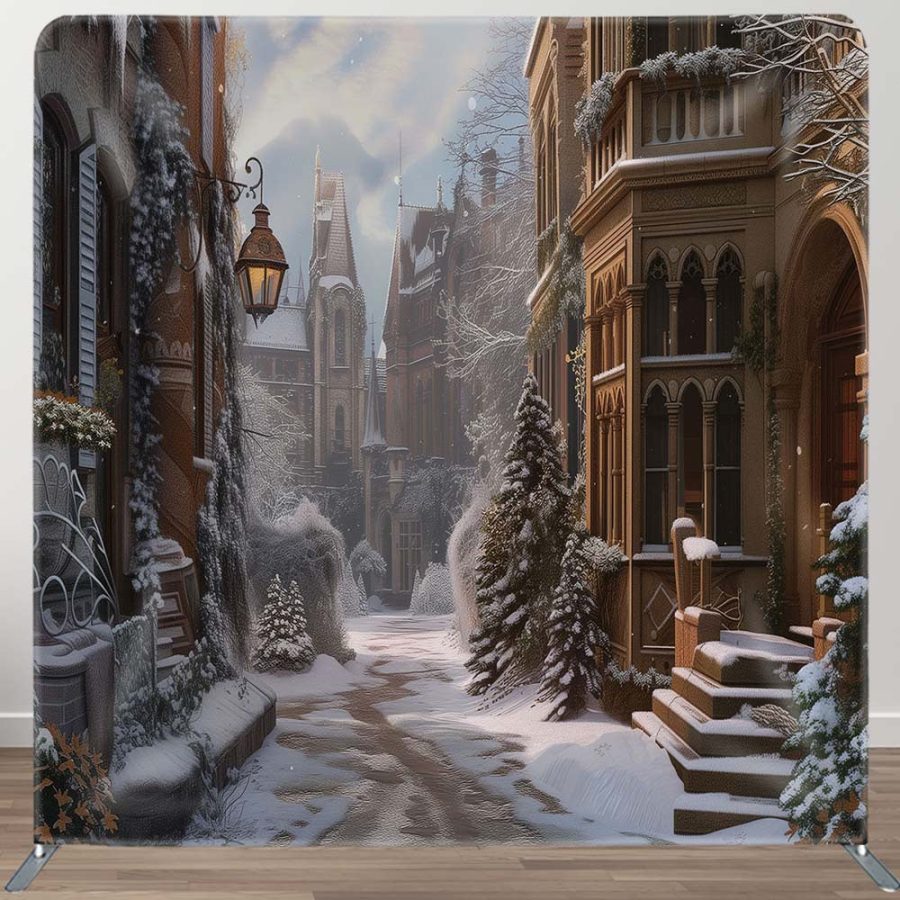 Melting Snow Town Path Tension Christmas Backdrop - Aperturee