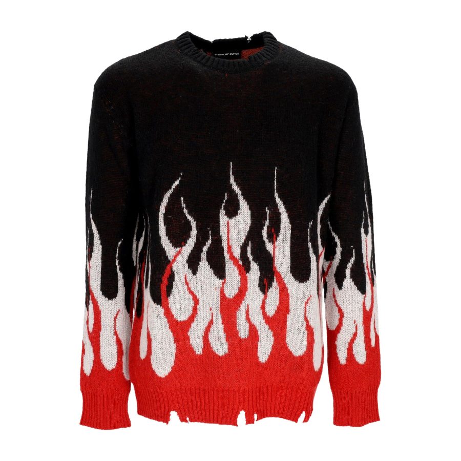 Men's Jacquard Flames Jumper Sweater Black/red/white