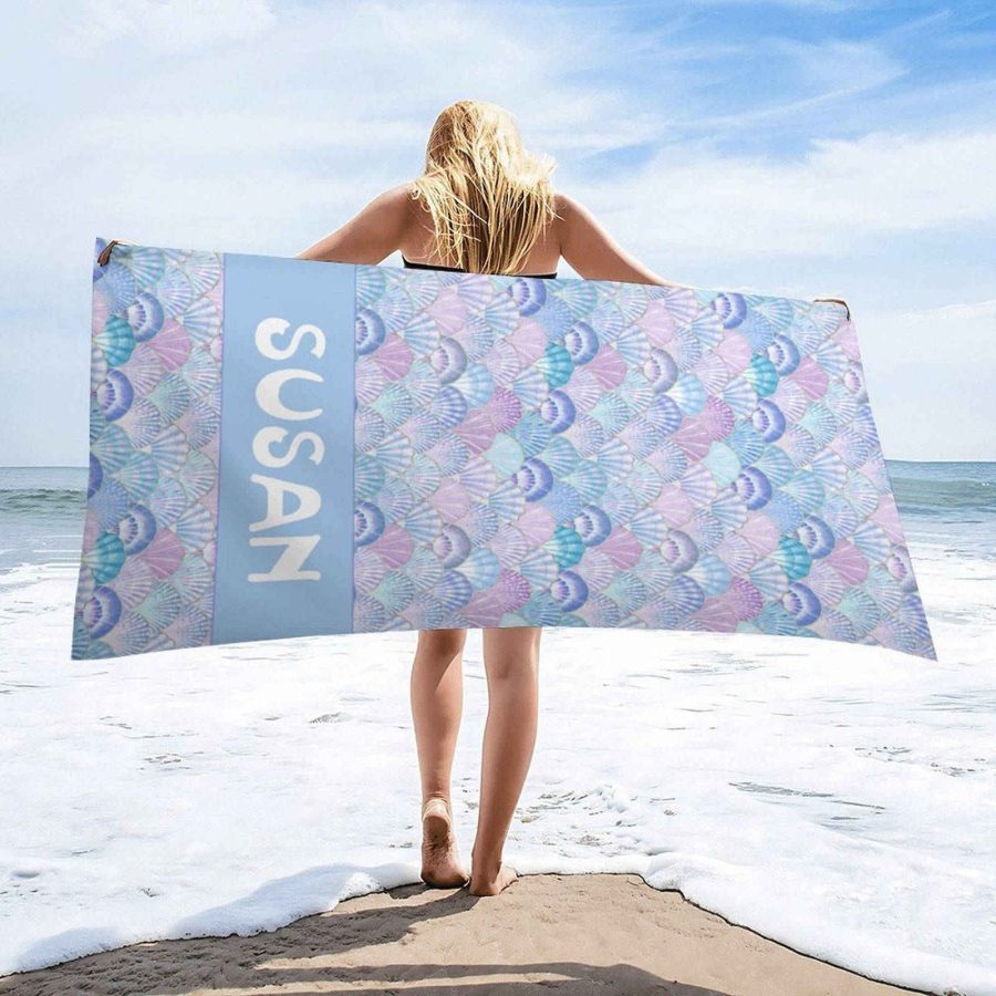 Mermaid Purple Shell Custom Name Girl Beach Towel - Aperturee