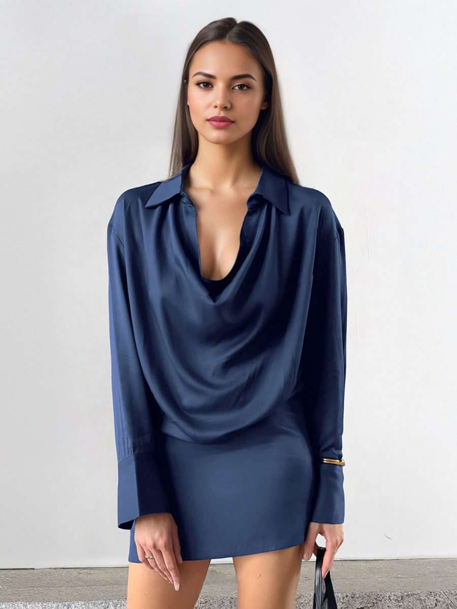 Milanoo Robe en satin bleu à col bénitier et manches longues plissée mini robe sexy pour femme 2025