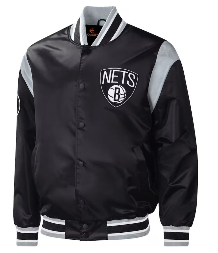 NBA Brooklyn Nets Vintage Black Satin Bomber Letterman Baseball Varsity Jacket