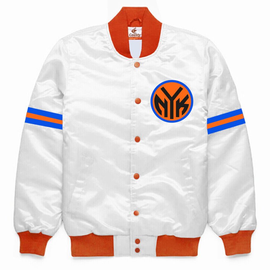 NBA New York Knicks Vintage White Satin College Baseball Bomber Varsity Jacket