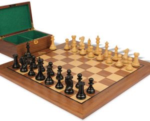 New Exclusive Staunton Chess Set Ebonized & Boxwood Pieces with Classic Walnut Board & Box - 3 King