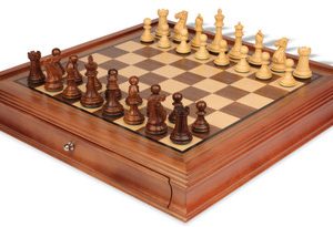 New Exclusive Staunton Chess Set Golden Rosewood & Boxwood Pieces with Walnut Chess Case - 3 King