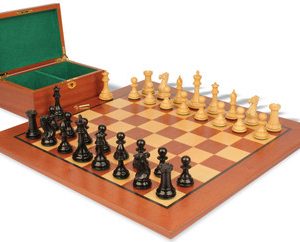 New Exclusive Staunton Chess Set in Ebony & Boxwood with Classic Mahogany Board & Box - 3 King