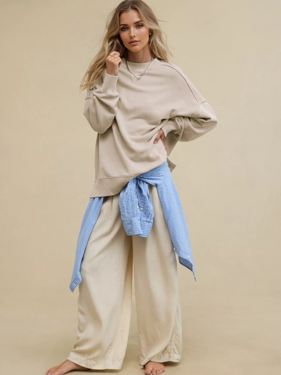 Oversized Sweatshirt In Solid Color Dropped Shoulders Spring Basic Tops For Women 2025