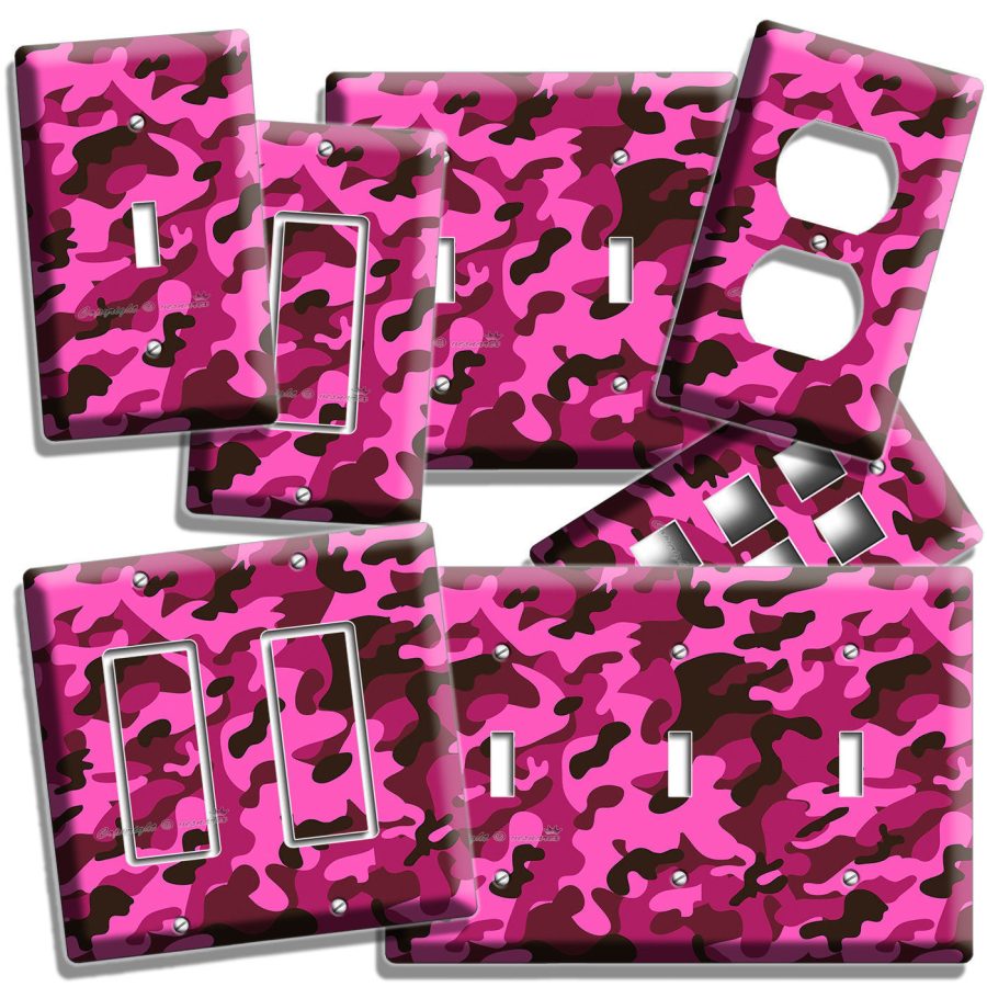 PINK GREY CAMO CAMOUFLAGE LIGHT SWITCH OUTLET WALL PLATE COVER GIRLS BEDROOM ART