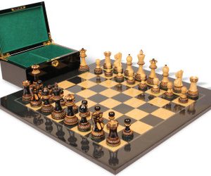 Parker Staunton Chess Set Burnt Boxwood Pieces with Black Ash Burl Board & Box - 3.75 King