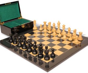 Parker Staunton Chess Set Ebonized & Boxwood Pieces with Black Ash Burl Board & Box - 3.75 King