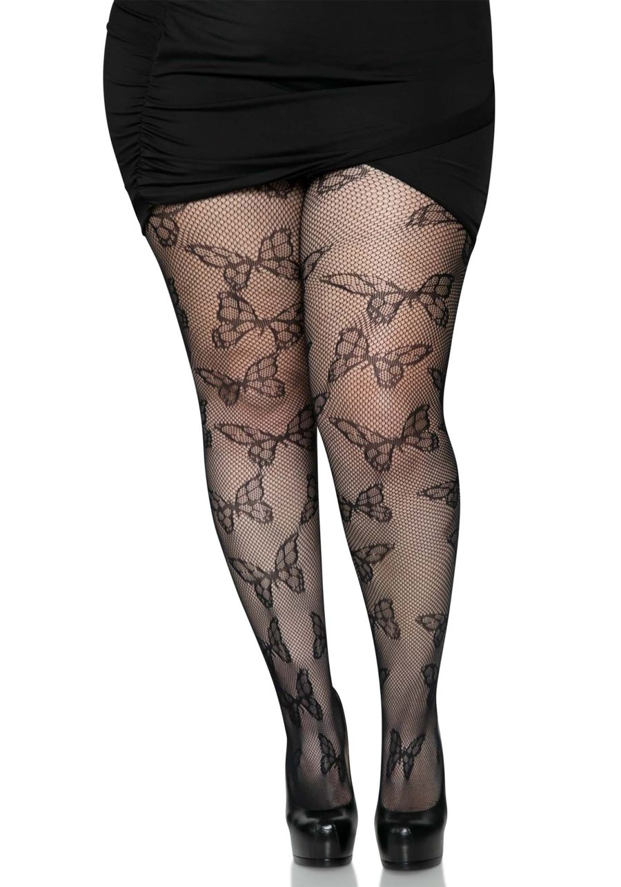 Plus Size Black Butterfly Net Tights for Women