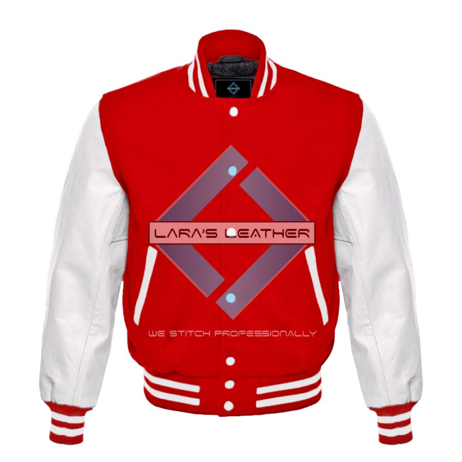 Premium American Varsity Jacket Red Wool Body & White Real Leather Sleeve XS-7XL