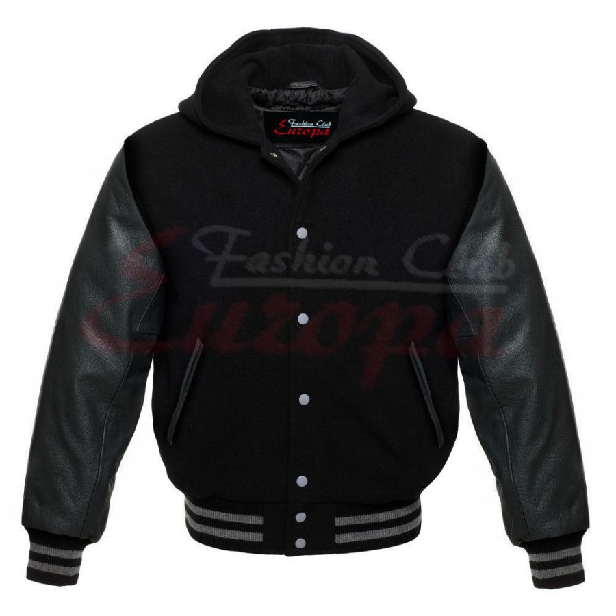 Premium Varsity Black Wool Letterman Hoodie Real Black Leather Sleeves XS-4XL