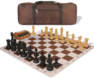 Professional Deluxe Carry-All Plastic Chess Set Black & Camel Pieces with Clock & Lightweight Floppy Board - Brown