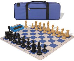 Professional Deluxe Carry-All Plastic Chess Set Black & Camel Pieces with Clock & Lightweight Floppy Board - Royal Blue