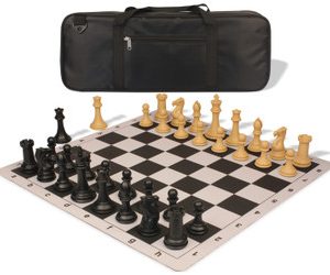 Professional Deluxe Carry-All Plastic Chess Set Black & Camel Pieces with Lightweight Floppy Board - Black
