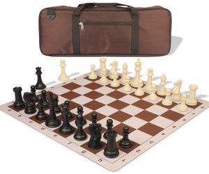 Professional Deluxe Carry-All Plastic Chess Set Black & Ivory Pieces with Lightweight Floppy Board - Brown