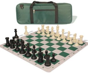 Professional Deluxe Carry-All Plastic Chess Set Black & Ivory Pieces with Lightweight Floppy Board - Green