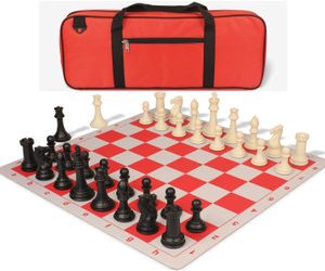 Professional Deluxe Carry-All Plastic Chess Set Black & Ivory Pieces with Lightweight Floppy Board - Red