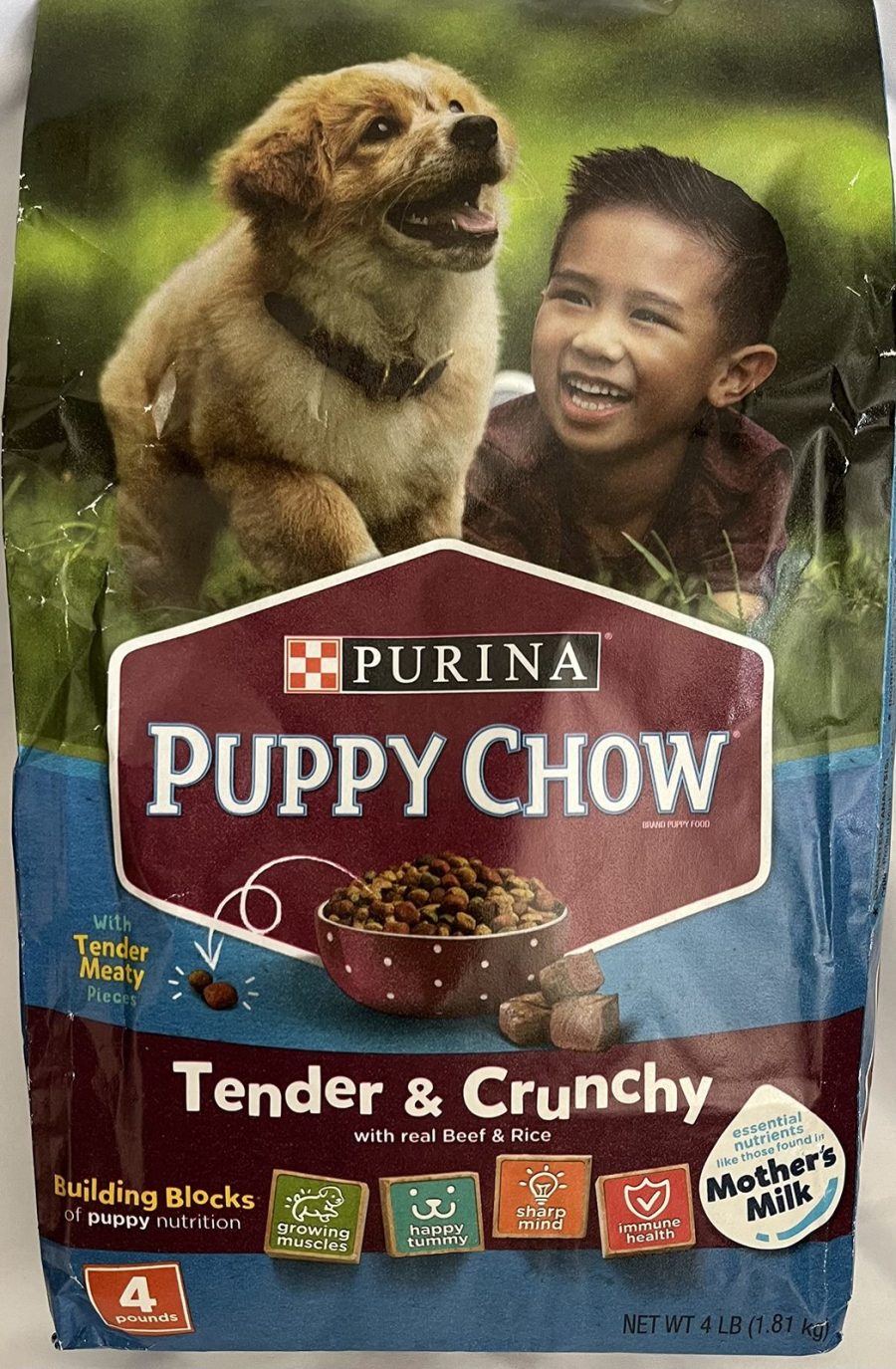 Purina Puppy Chow Tender & Crunchy with Beef & Rice (NET WT 1-4 LB) Bag, 4 Pound