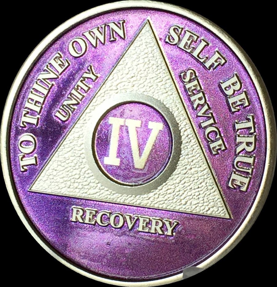 Purple & Silver Plated 4 Year AA Chip Alcoholics Anonymous Medallion Coin Four