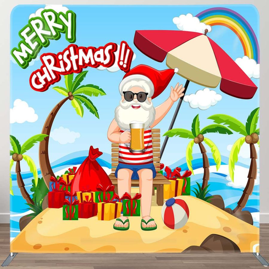 Rainbow Beach Santa Merry Christmas In July Backdrop - Aperturee