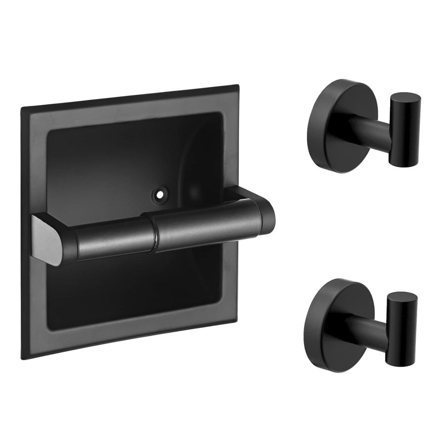 Recessed Toilet Paper Holder With 2 Towel Robe Hooks Matte Black Stainless Steel