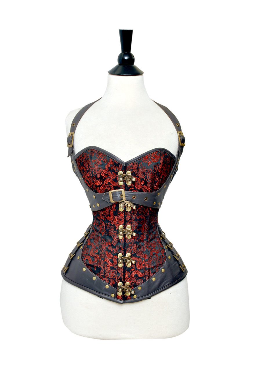 Red Brocade/Leather Corset Best Quality SteamPunk Brown