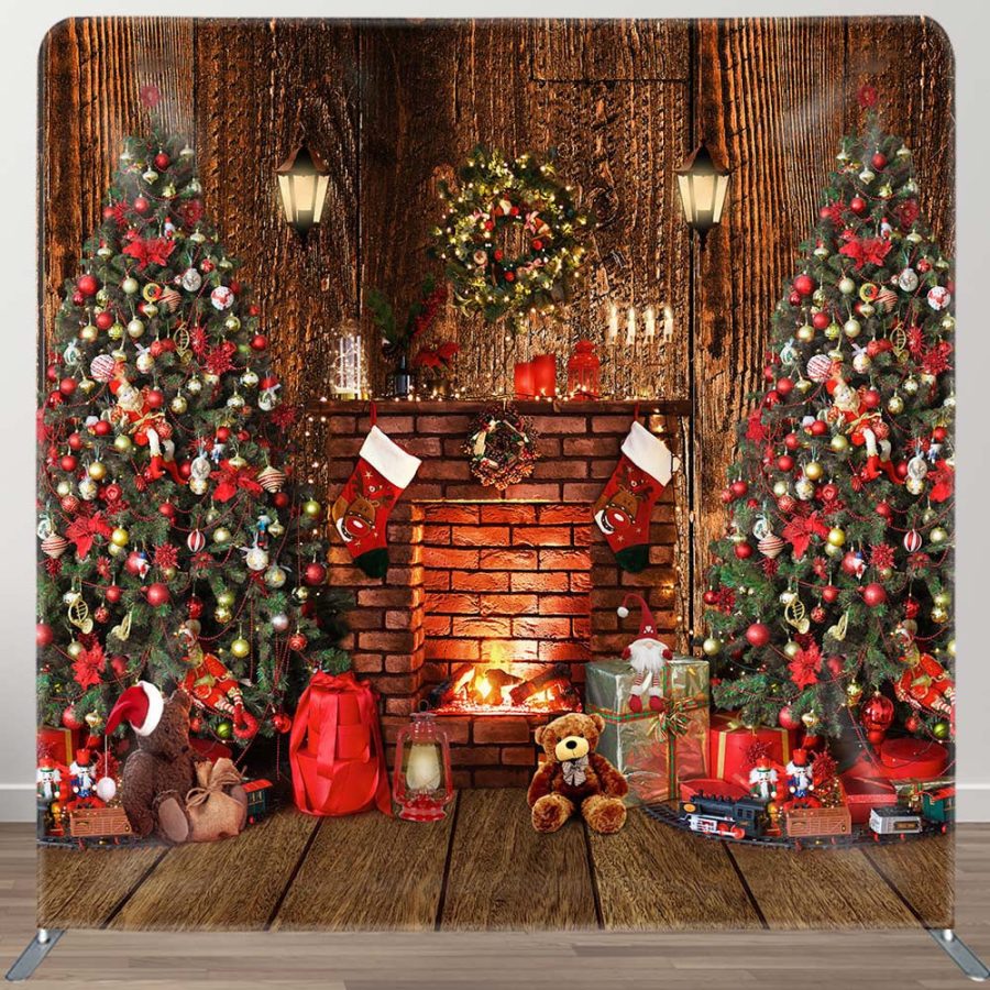 Retro Wood House Fireplace Tension Fabric Backdrop - Aperturee