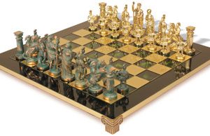 Romans Theme Chess Set with Brass & Green Copper Pieces - Green Board