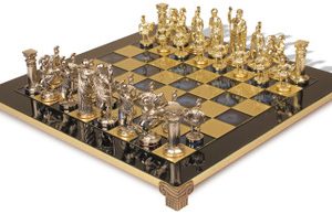 Romans Theme Chess Set with Brass & Nickel Pieces - Blue Board