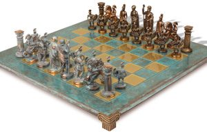 Romans Theme Chess Set with Bronze & Blue Copper Pieces - Turquoise Board