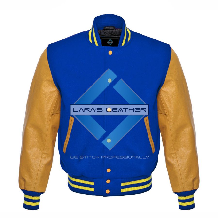 Royal blue Varsity Letterman Wool Jacket with Real Leather Sleeves