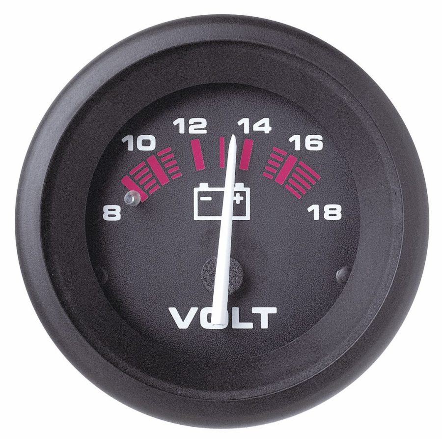 SIERRA 57901P VOLTMETER AMEGA 2FT 8-18 VDC, 2 Inch; Short Electrical Sweep; Analog; 8-18 Volts; Black Face/ Black Bezel/ White Pointer Needle; Thru-Dial And Perimeter Lighting; For Marine Applications