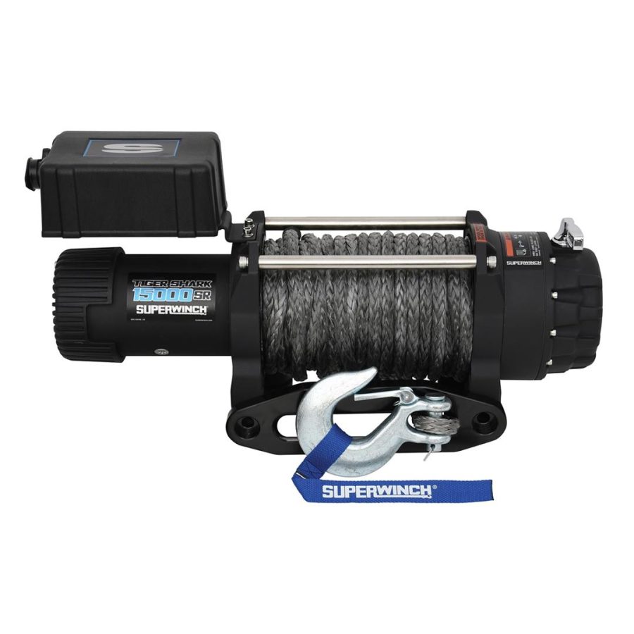 SUPERWINCH 1515001 Winch; Tiger Shark; Vehicle Mounted; Vehicle Recovery; 12 Volt Electric; 15000 Pound Line Pull Capacity; 78 Foot Synthetic Rope; Hawse Fairlead; 30 Foot Handheld Wired Remote; Sealed Solenoid/ Circuit Breaker Protected