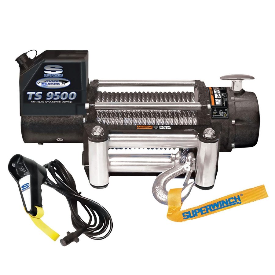 SUPERWINCH 1595200 Tiger Shark 9500 12V DC Winch 9,500lb/4,309kg Single Line Pull with Roller Fairlead, 21/64 INCH x 95FT Steel Wire Rope, Corded Handheld Remote