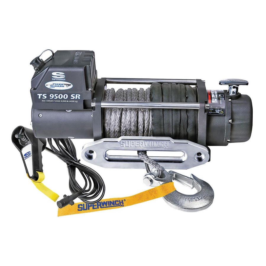 SUPERWINCH 1595201 Tiger Shark 9500SR 12V DC Winch 9,500lb/4,309kg Single Line Pull with Hawse Fairlead, 3/8 INCH x 80FT Synthetic Rope, Corded Handheld Remote