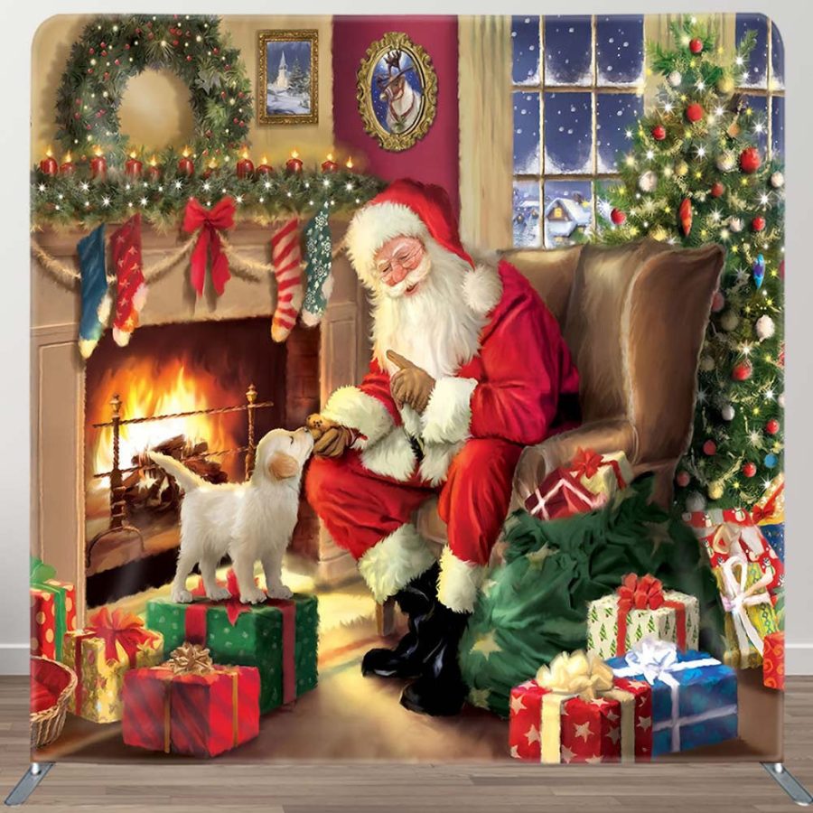 Santa Puppy Fireplace Christmas Pillow Case Backdrop - Aperturee