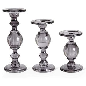 Set of Three Gray Transparent Glass Candleholders