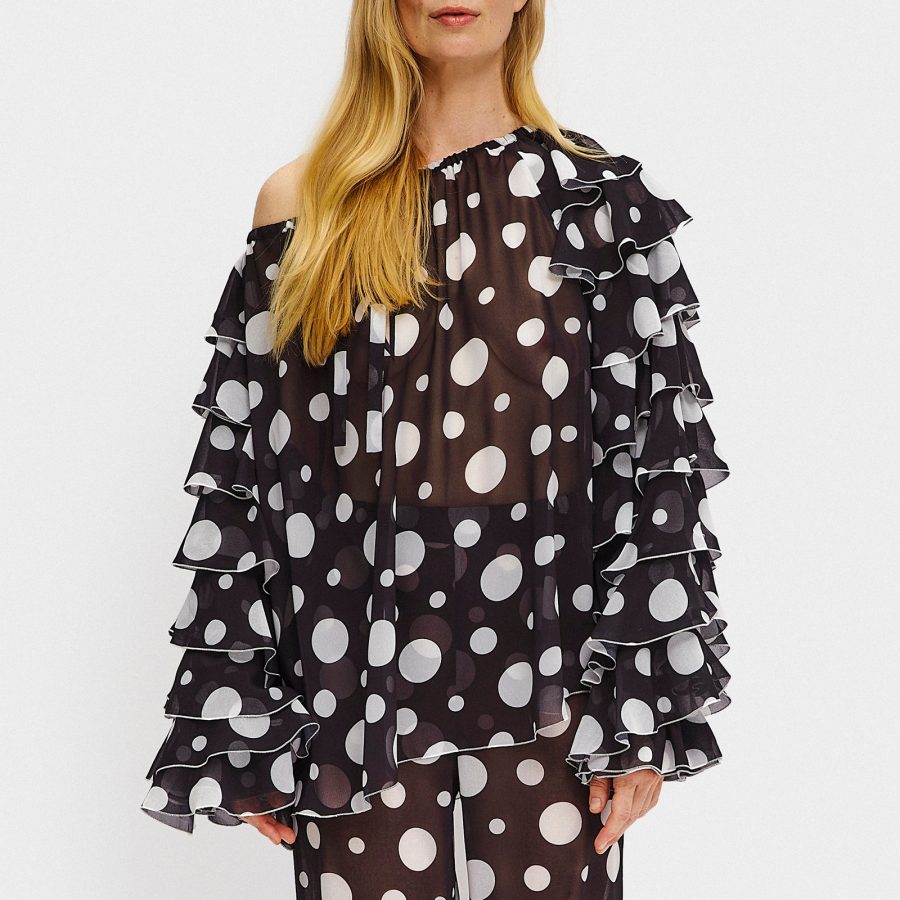 Sleeper Samba Ruffled Polka-Dot Chiffon Blouse - S