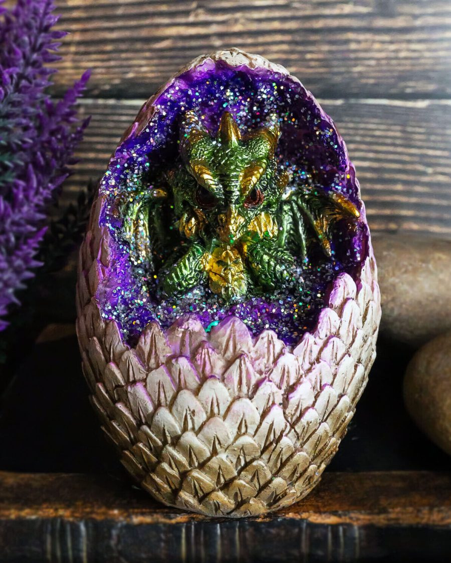 Small Green Sulking Baby Dragon In Colorful LED Light Faux Crystal Geode Egg